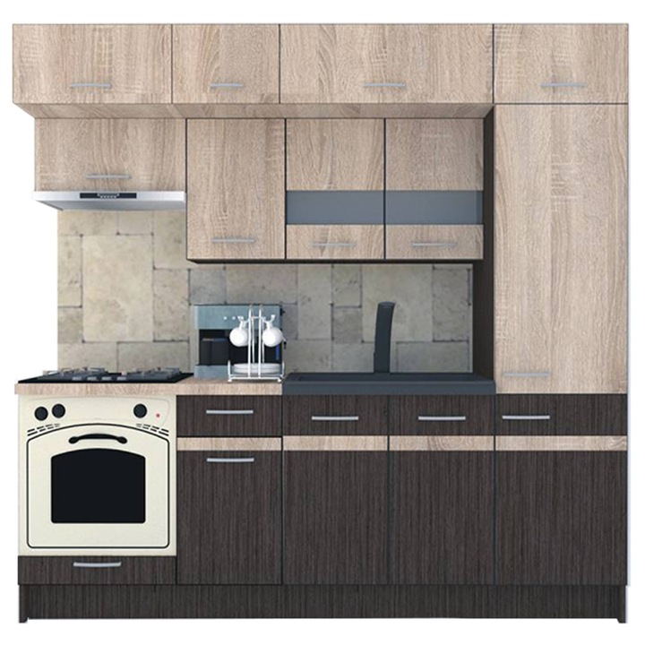 Set Bucatarie Genarom BIGMAR New 230 A, 230 x 225,5 x 60 cm, Wenge / Stejar Sonoma