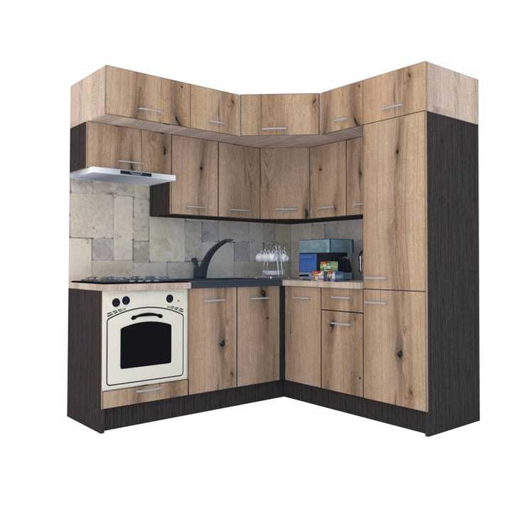 Set Bucatarie de Colt Genarom BIG GENA NEW ST. 190-200 x 225,5 x 60 cm, Cu Corp de Cuptor, Wenge / Decor K365