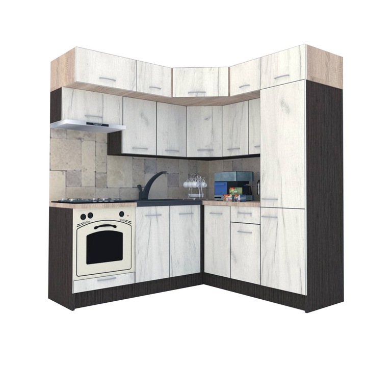 Set Bucatarie de Colt Genarom BIG GENA NEW ST. 190-200 x 225,5 x 60 cm, Cu Corp de Cuptor, Wenge / Decor K001