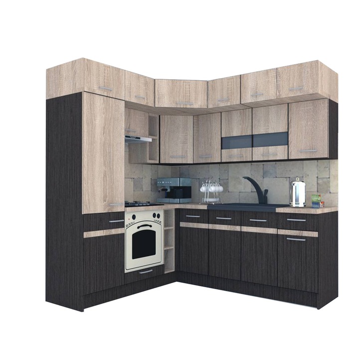 Set Bucatarie de Colt Genarom BIG GENA NEW DR. 190-220 x 225,5 x 60 cm, Cu Corp de Cuptor, Wenge / Stejar Sonoma A