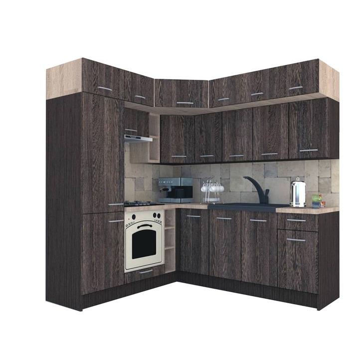 Set Bucatarie de Colt Genarom BIG GENA NEW DR. 190-220 x 225,5 x 60 cm, Cu Corp de Cuptor, Wenge / Decor 7648