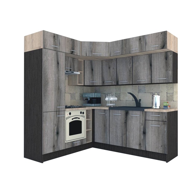 Set Bucatarie de Colt Genarom BIG GENA NEW DR. 190-220 x 225,5 x 60 cm, Cu Corp de Cuptor, Wenge / Decor K366