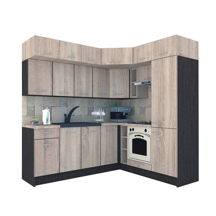 Set Bucatarie de Colt Genarom BIG GENA NEW ST. 190-220 x 225,5 x 60 cm, Cu Corp de Cuptor, Wenge / Decor 3025