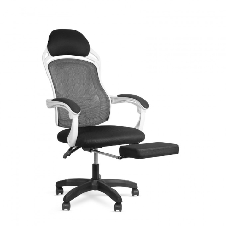 Scaun de birou, cu suport pentru picioare si amortizare de 10 cm, alb/negru