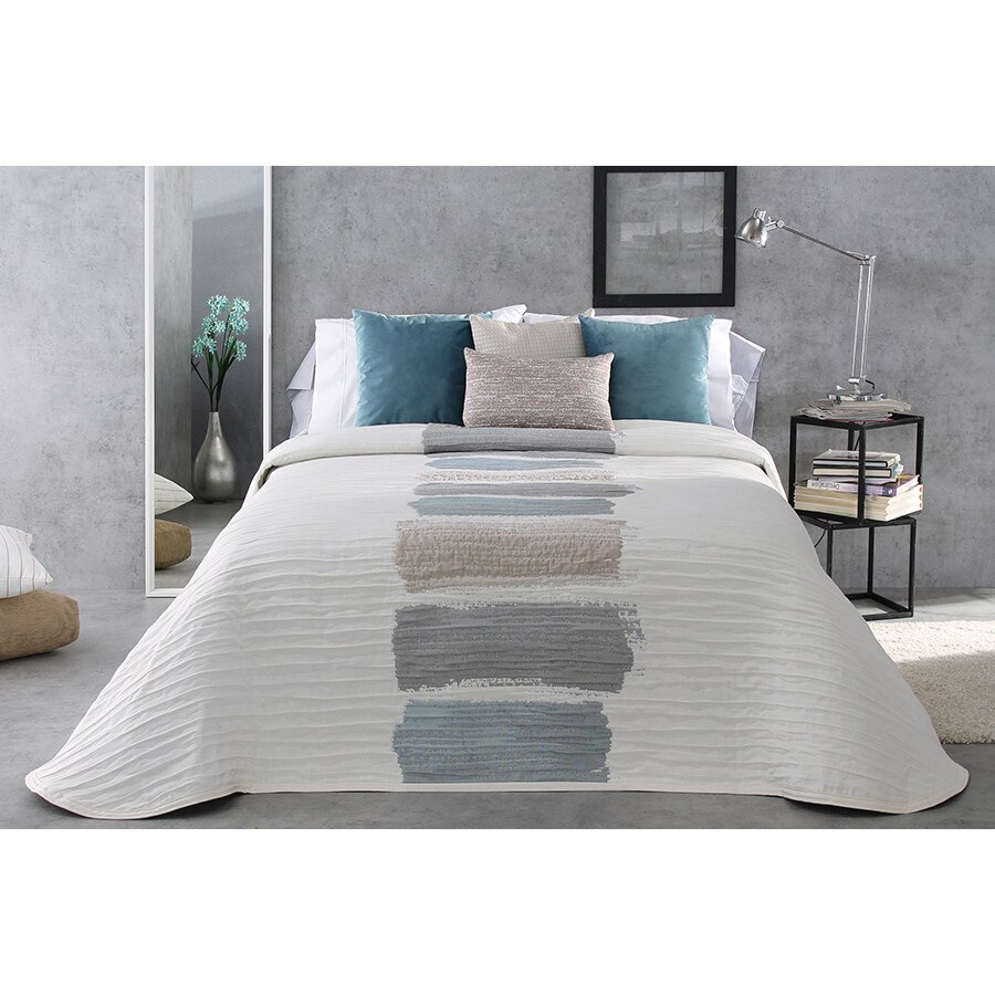 Set Cuvertura Laker si 2 fete de perna, Reig Marti, nuante de bej verde, dimensiune 235 cm x 270 cm