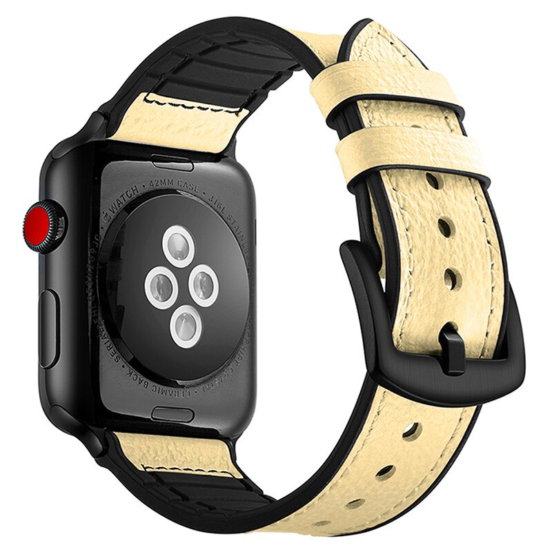 Curea iUni compatibila cu Apple Watch 1 2 3 4 5 6, 42mm Leather Strap Ivory