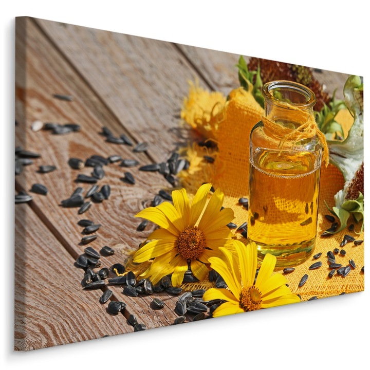 Tablou pentru living florile-soarelui flori seminte 90cm x 60cm Canvas, Efect 3D, Panza pe cadru de lemn, Decorarea peretilor