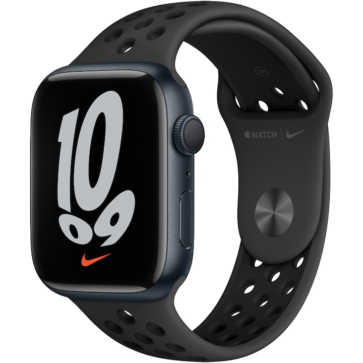 Apple Watch Nike Series 7 GPS 45mm, éjfekete, fekete Nike sportszíjjal