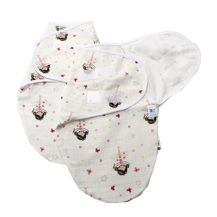 Комплект 2 системи за повиване, BalticBebe, Памук, Бяло/розово, Принцеса, Набразден муселин, 0-3 месеца