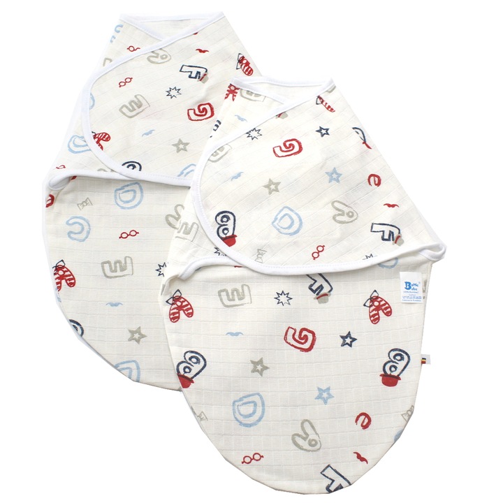 Set 2 buc Sistem de Infasare, BalticBebe, Bumbac, Alb/albastru, Litere, Muselina flausata,0-3 luni