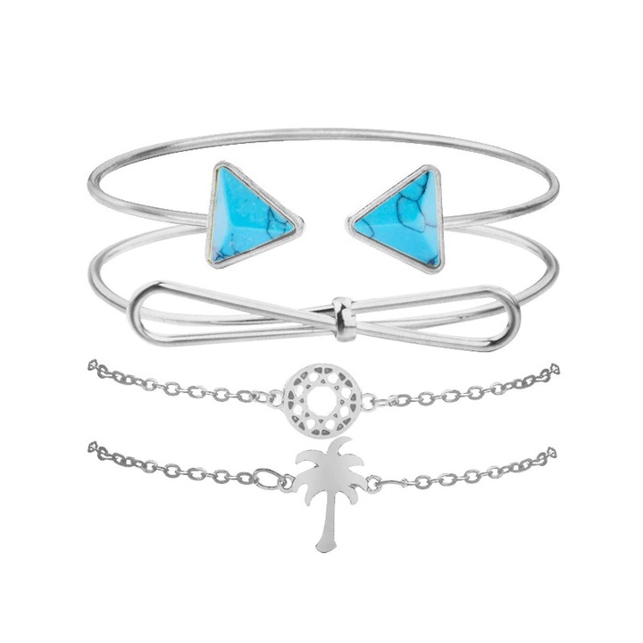 Set 4 bratari, argintii, cu funda si palmier, Luckas C4, Pursehuit