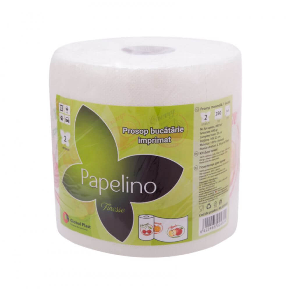 Rola Prosoape de Bucatarie Papelino Finesse, 2 Straturi, 280 Foi, 23x22 cm, 450 g, 100% Celuloza, Albe, Imprimate