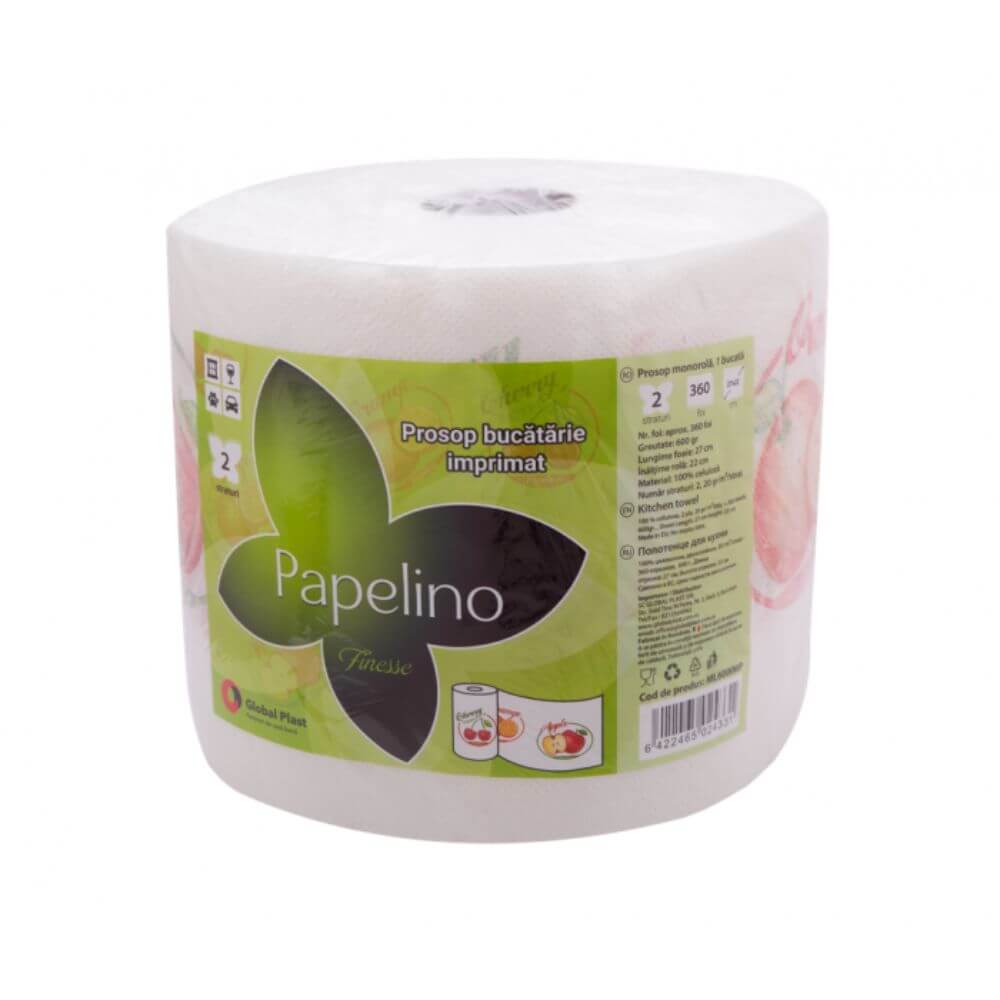 Rola Prosoape de Bucatarie Papelino Finesse, 2 Straturi, 360 Foi, 27x22 cm, 600 g, 100% Celuloza, Albe, Imprimate