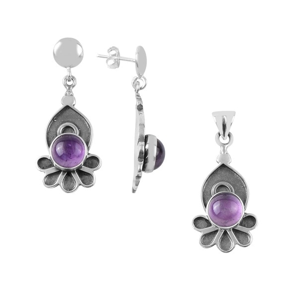 Set realizat manual din argint si ametist (pandantiv si cercei) , BeSpecial, STU0091