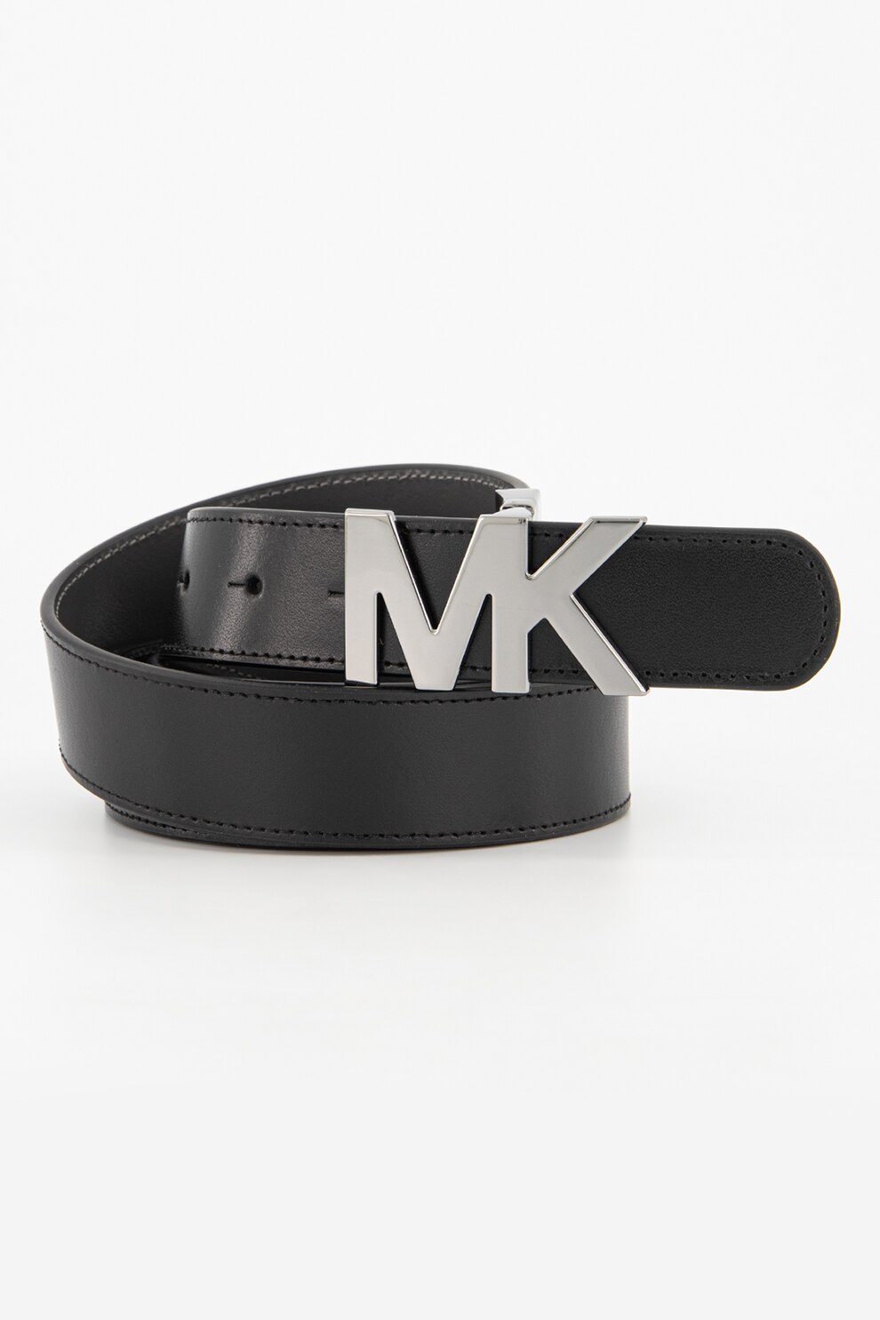 Michael Kors, Curea de piele cu catarama in forma de logo, Negru/Gri