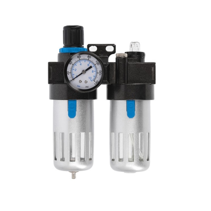 Filtru aer cu reductor si rezervor ulei, Hogert, 1/4, 9 bar, 90cm3/60cm3