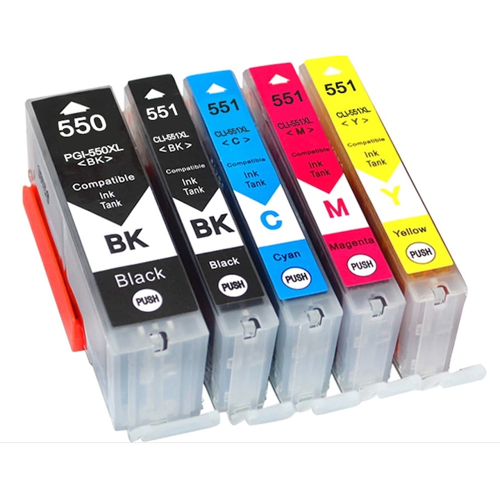 Комплект от 5 мастилени касети, Съвместими с Canon PGI 550 XL, CLI 551 XL, Черен, Циан, Маджента, Жълт