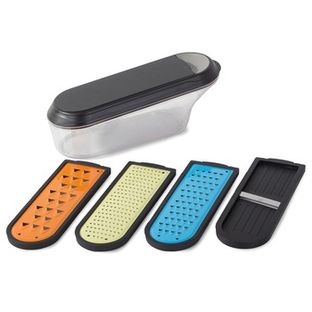 Razatoare multifunctionala cu 4 accesorii, Zola®, recipient din plastic cu capac 600 ml, 26x9x9 cm Razatoare multifunctionala cu 4 accesorii, Zola®, recipient din plastic cu capac 600 ml, 26x9x9 cm