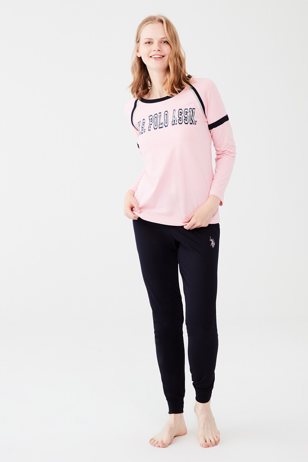 U.S. Polo Assn., Pijama cu logo si maneci raglan, Roz pastel/Bleumarin inchis