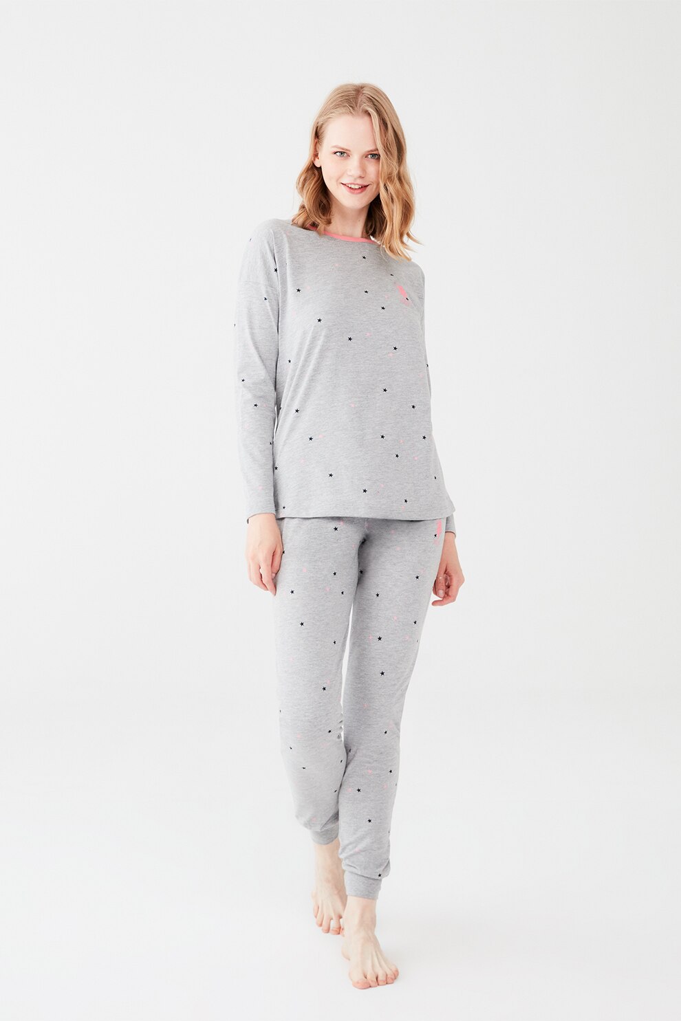 U.S. Polo Assn., Pijama cu imprimeu cu stele, Gri deschis melange/Negru/Roz pastel