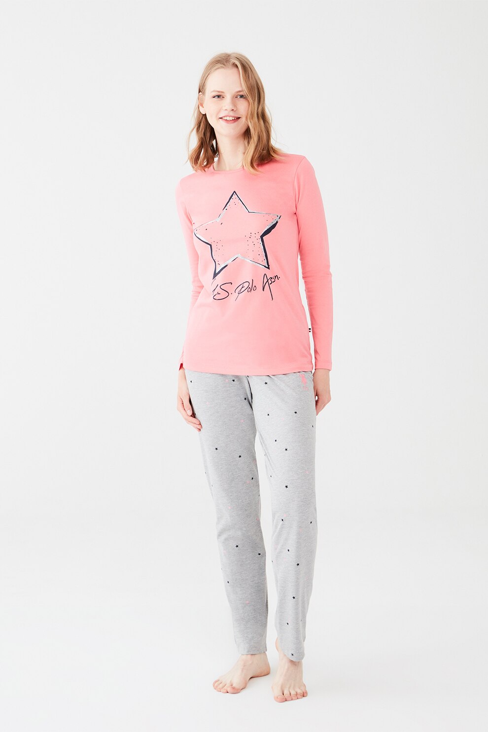 U.S. Polo Assn., Pijama cu imprimeu cu stele, Roz somon/Gri/Negru
