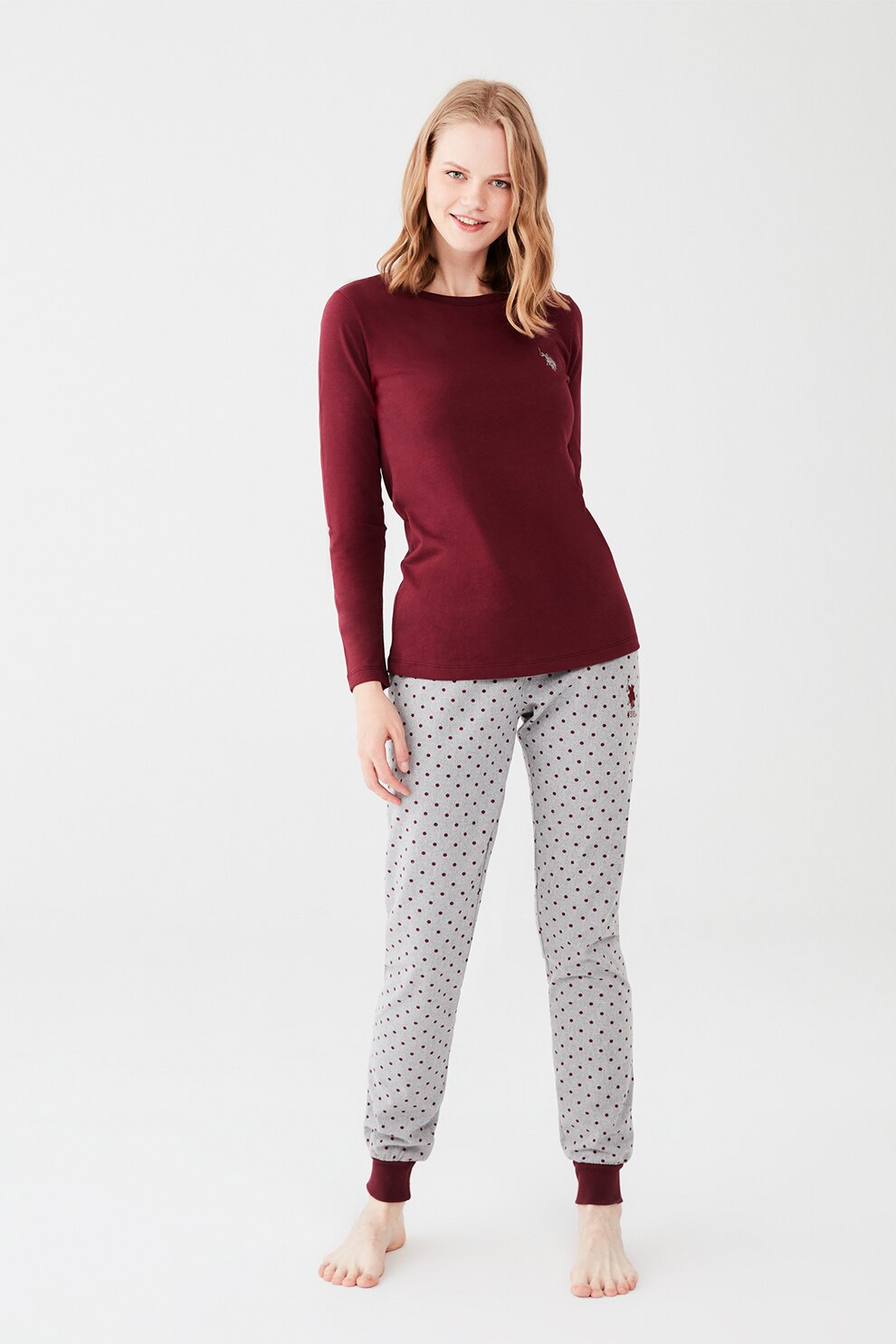 U.S. Polo Assn., Pijama cu decolteu la baza gatului si imprimeu, Rosu Bordeaux/Gri melange