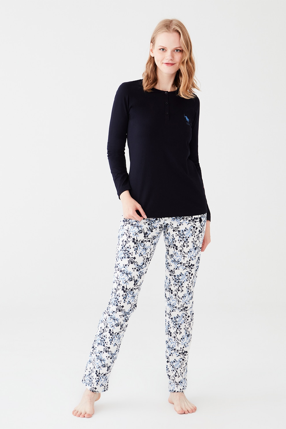 U.S. Polo Assn., Pijama de bumbac cu fenta cu nasturi, Bleumarin/Alb