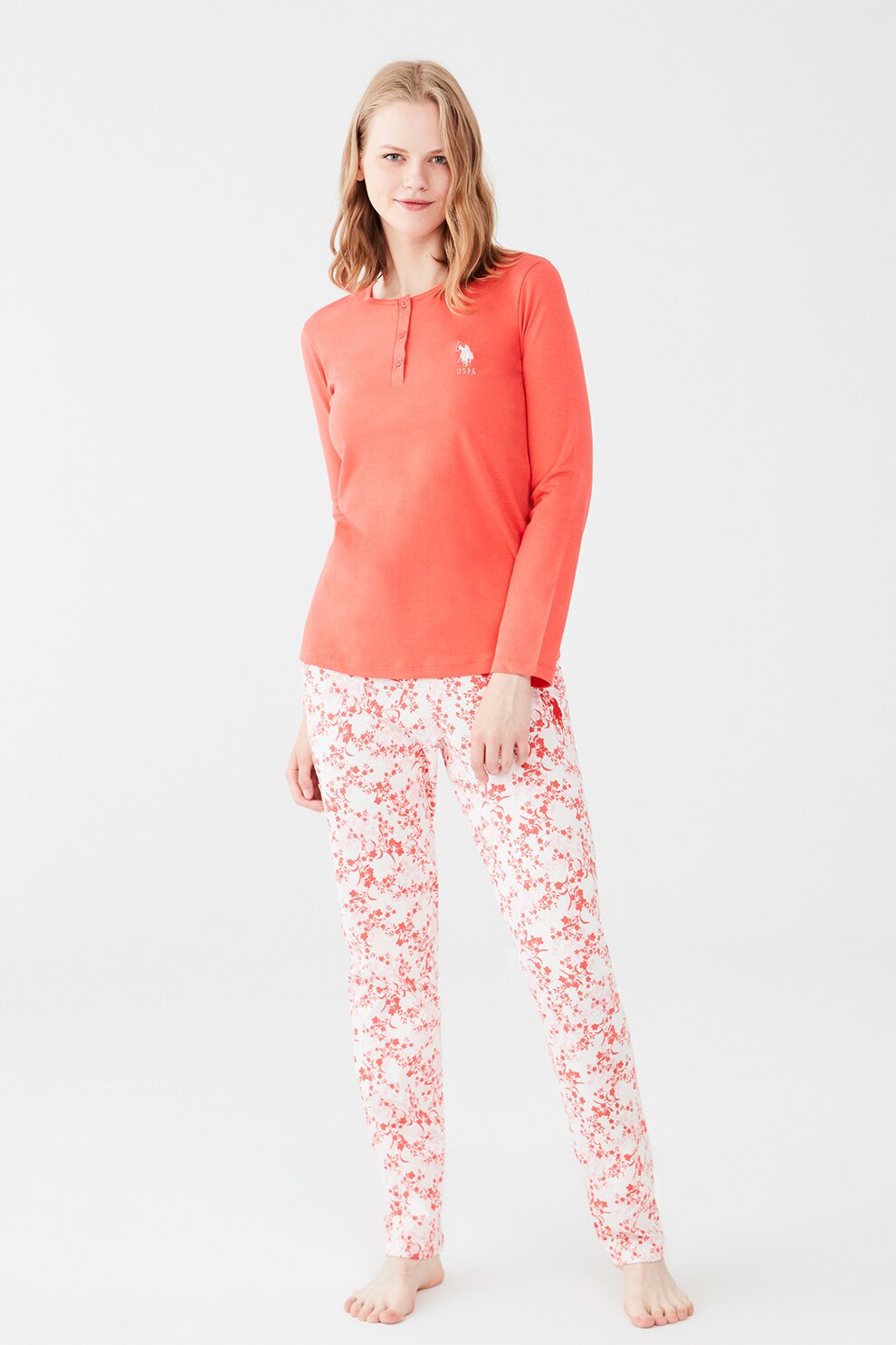 U.S. Polo Assn., Pijama de bumbac cu fenta cu nasturi, Corai/Alb