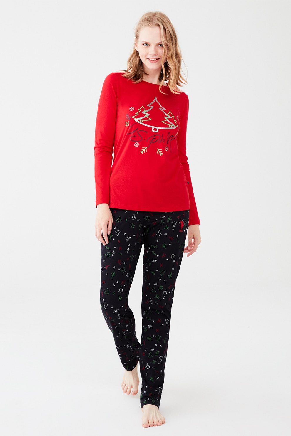 U.S. Polo Assn., Pijama cu decolteu la baza gatului si imprimeu, Rosu/Bleumarin inchis/Verde