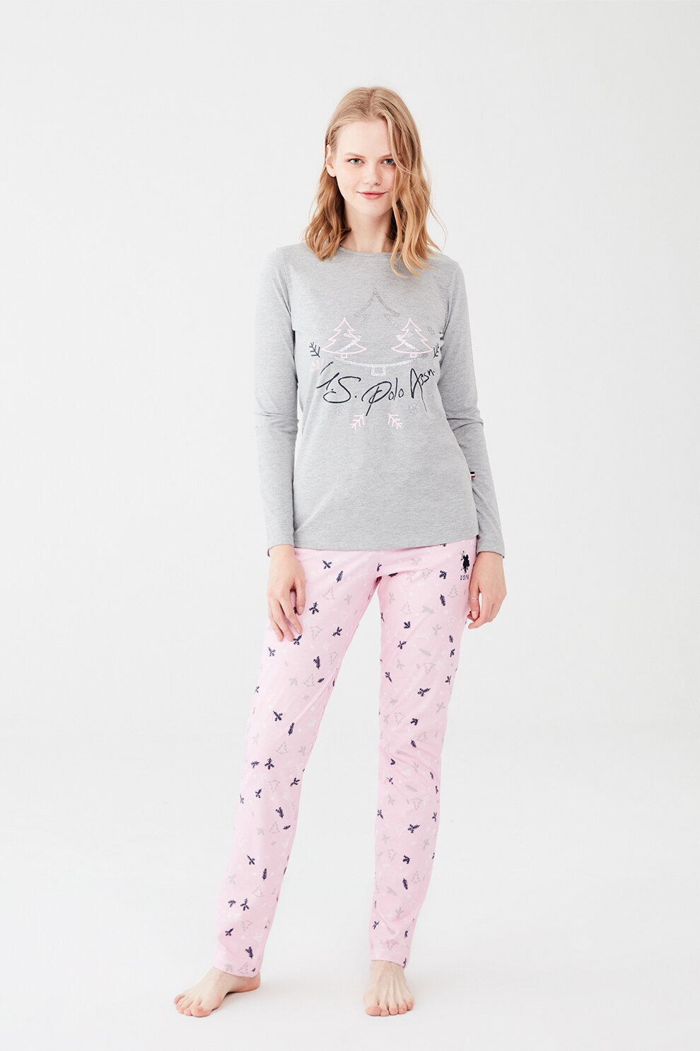 U.S. Polo Assn., Pijama cu decolteu la baza gatului si imprimeu, Gri deschis melange/Roz pastel/Bleumarin
