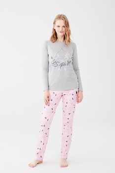 U.S. Polo Assn., Pijama cu decolteu la baza gatului si imprimeu, Gri deschis melange/Roz pastel/Bleumarin U.S. Polo Assn., Pijama cu decolteu la baza gatului si imprimeu, Gri deschis melange/Roz pastel/Bleumarin