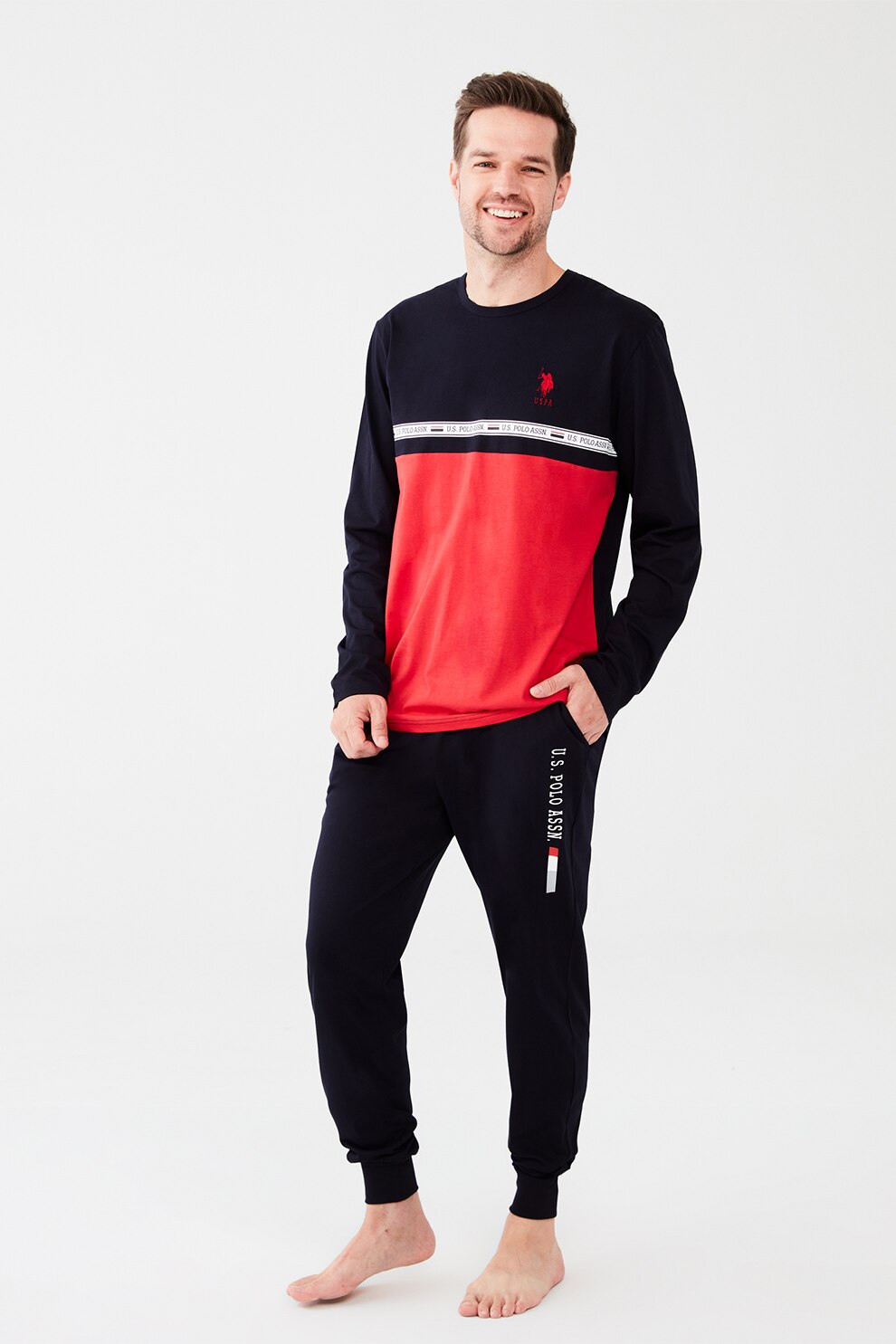 U.S. Polo Assn., Pijama de bumbac cu imprimeu logo, Bleumarin inchis/Rosu, XL
