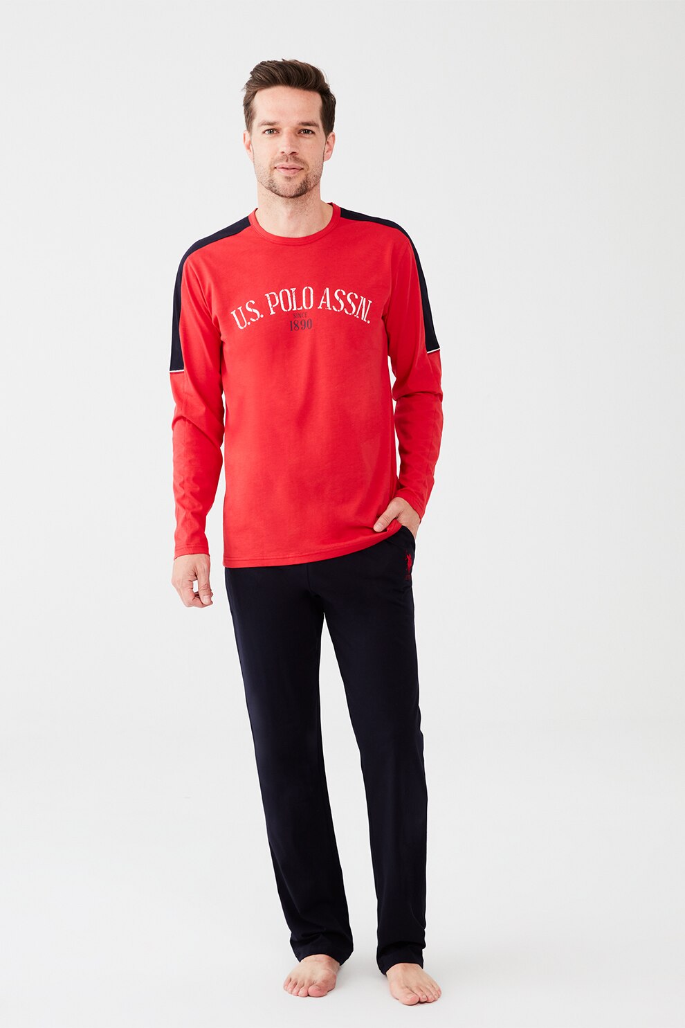 U.S. Polo Assn., Pijama de bumbac cu imprimeu logo, Rosu/Bleumarin inchis