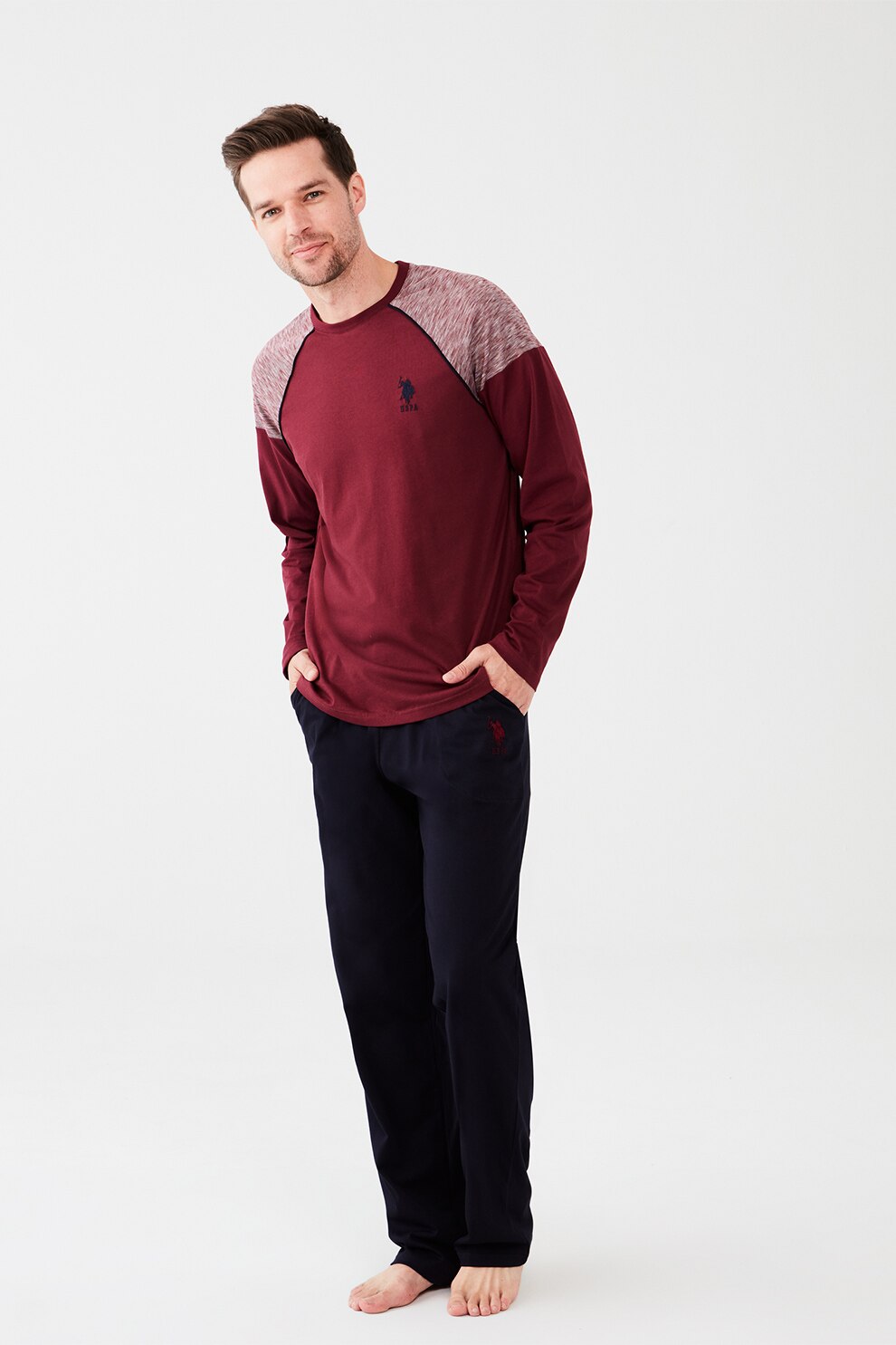 U.S. Polo Assn., Pijama de bumbac cu maneci raglan, Bordeaux/Bleumarin inchis