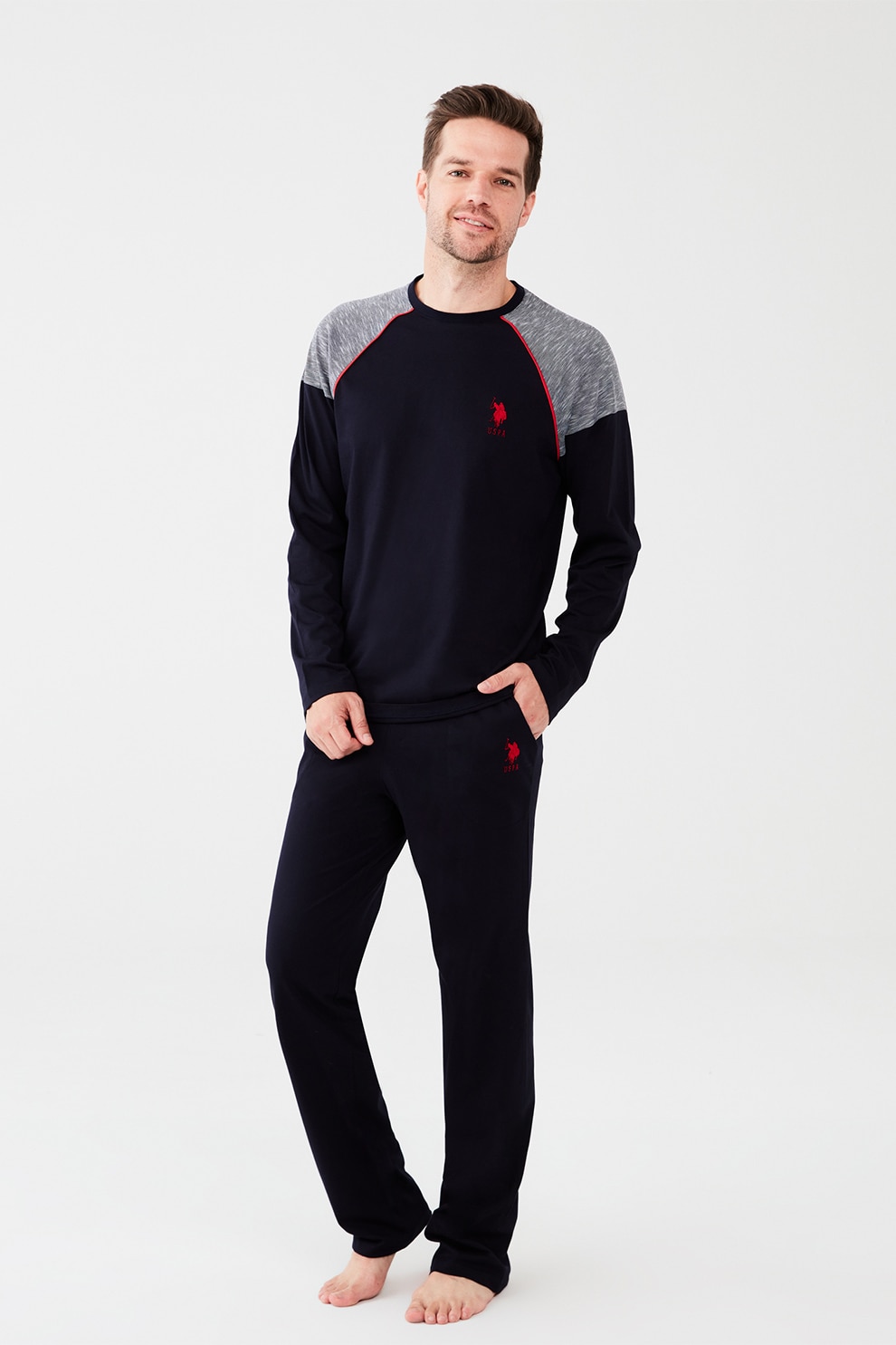 U.S. Polo Assn., Pijama de bumbac cu maneci raglan, Bleumarin inchis