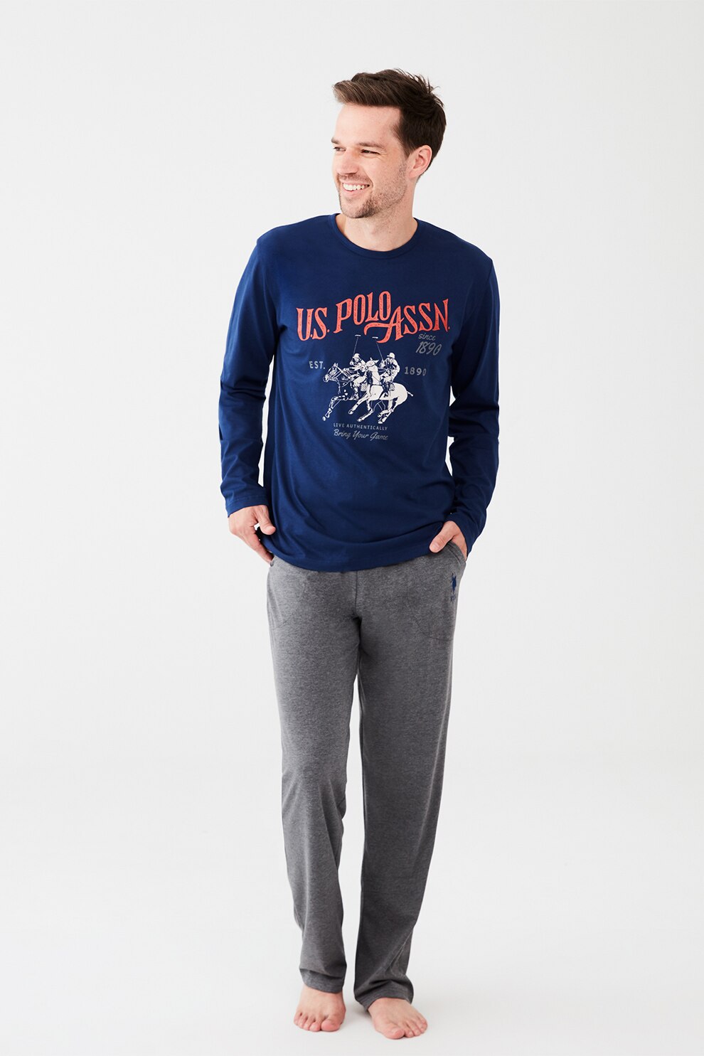 U.S. Polo Assn., Pijama cu imprimeu logo, Albastru indigo/Gri inchis melange