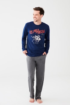 U.S. Polo Assn., Pijama cu imprimeu logo, Albastru indigo/Gri inchis melange U.S. Polo Assn., Pijama cu imprimeu logo, Albastru indigo/Gri inchis melange