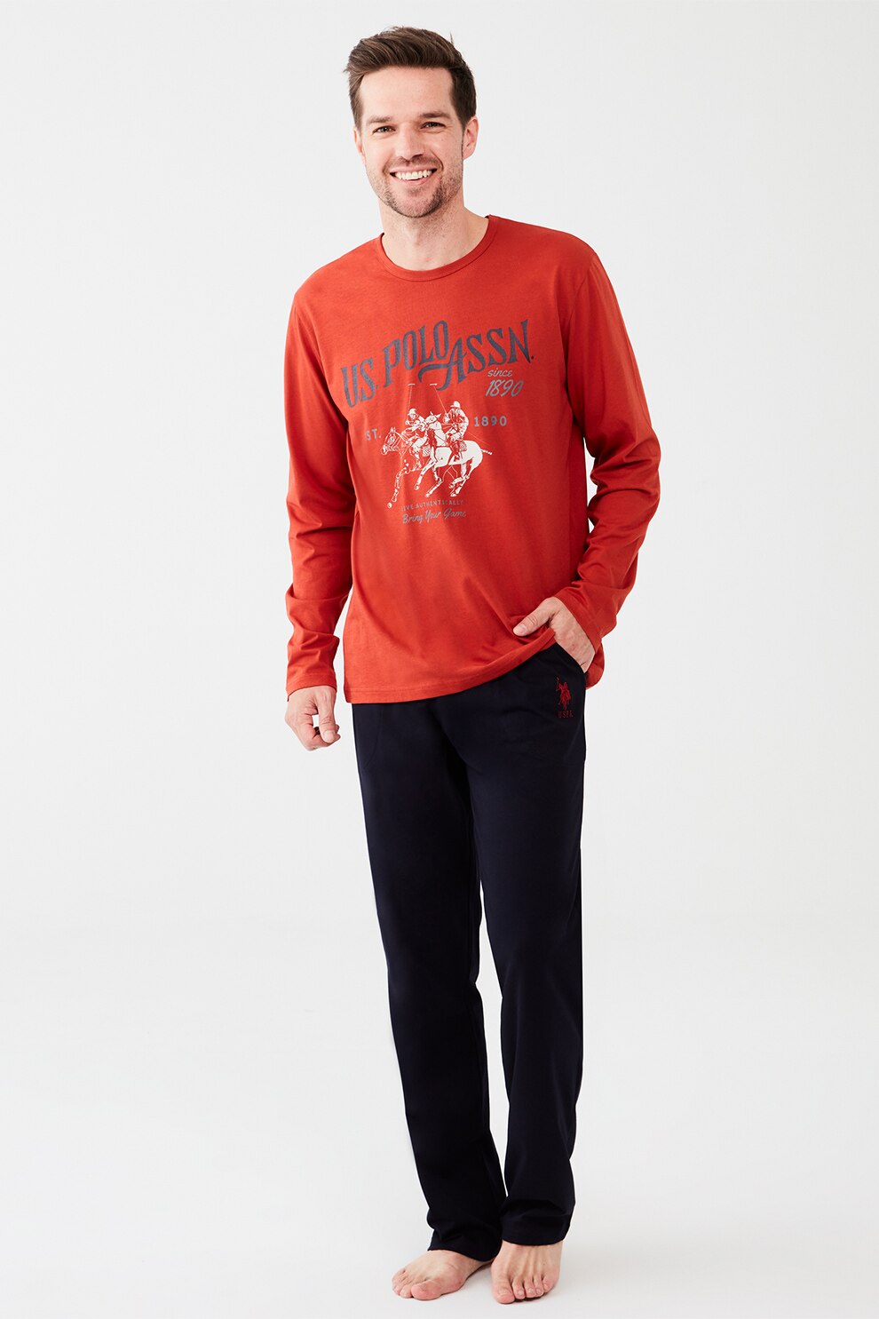 U.S. Polo Assn., Pijama cu imprimeu logo, Oranj stins/Bleumarin inchis