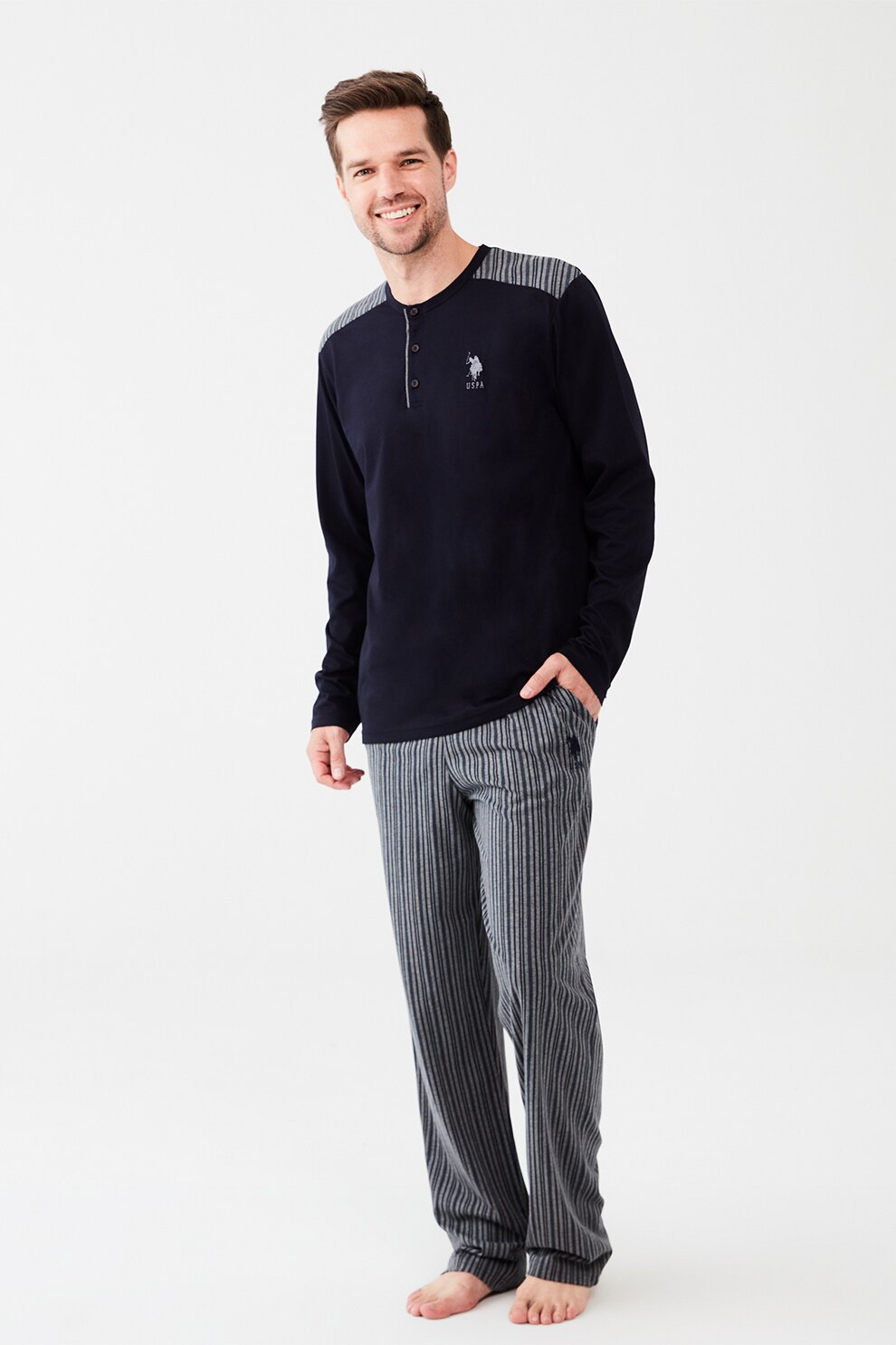 U.S. Polo Assn., Pijama cu pantaloni lungi si imprimeu, Bleumarin inchis/Gri