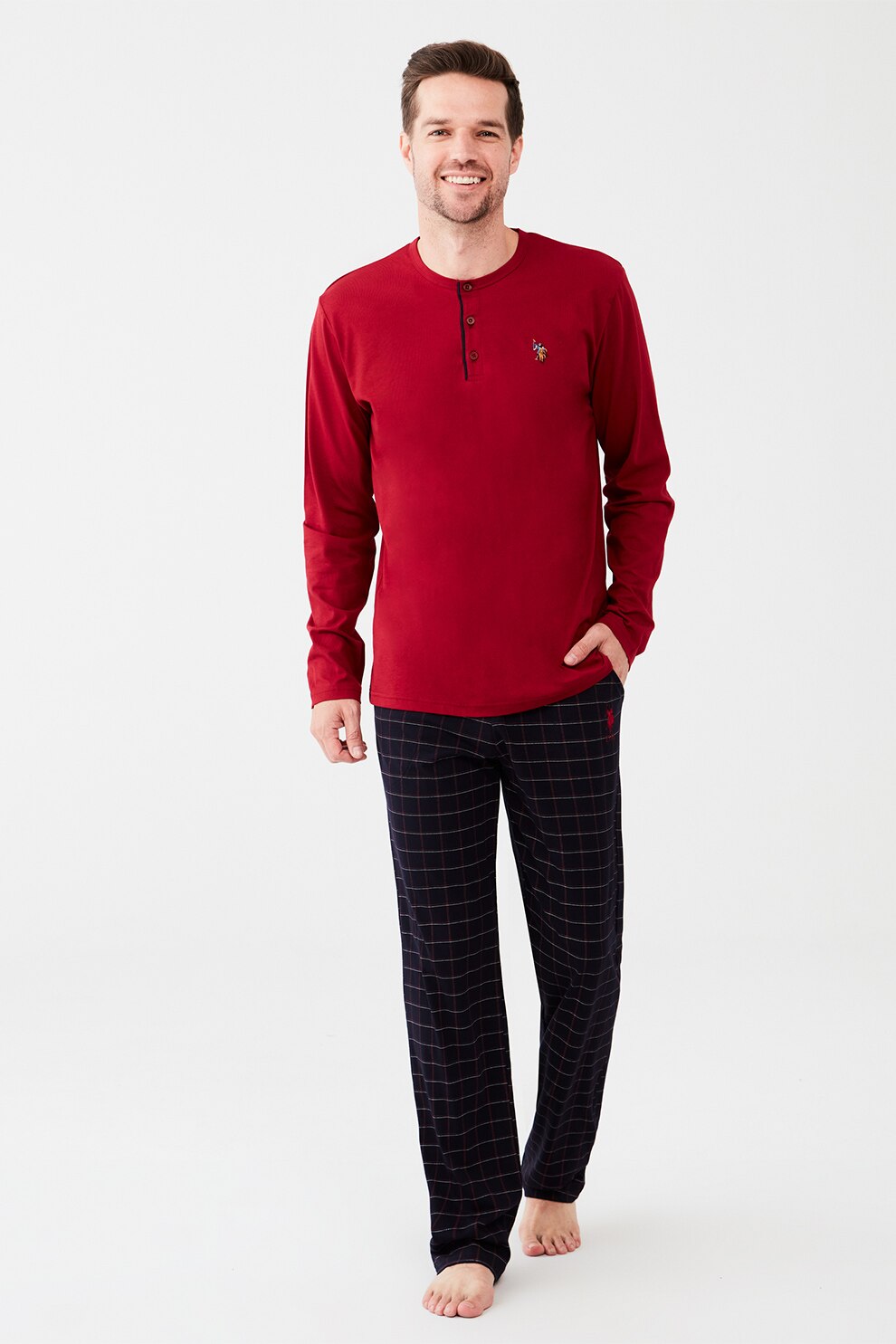 U.S. Polo Assn., Pijama de bumbac cu imprimeu, Rosu inchis/Bleumarin inchis