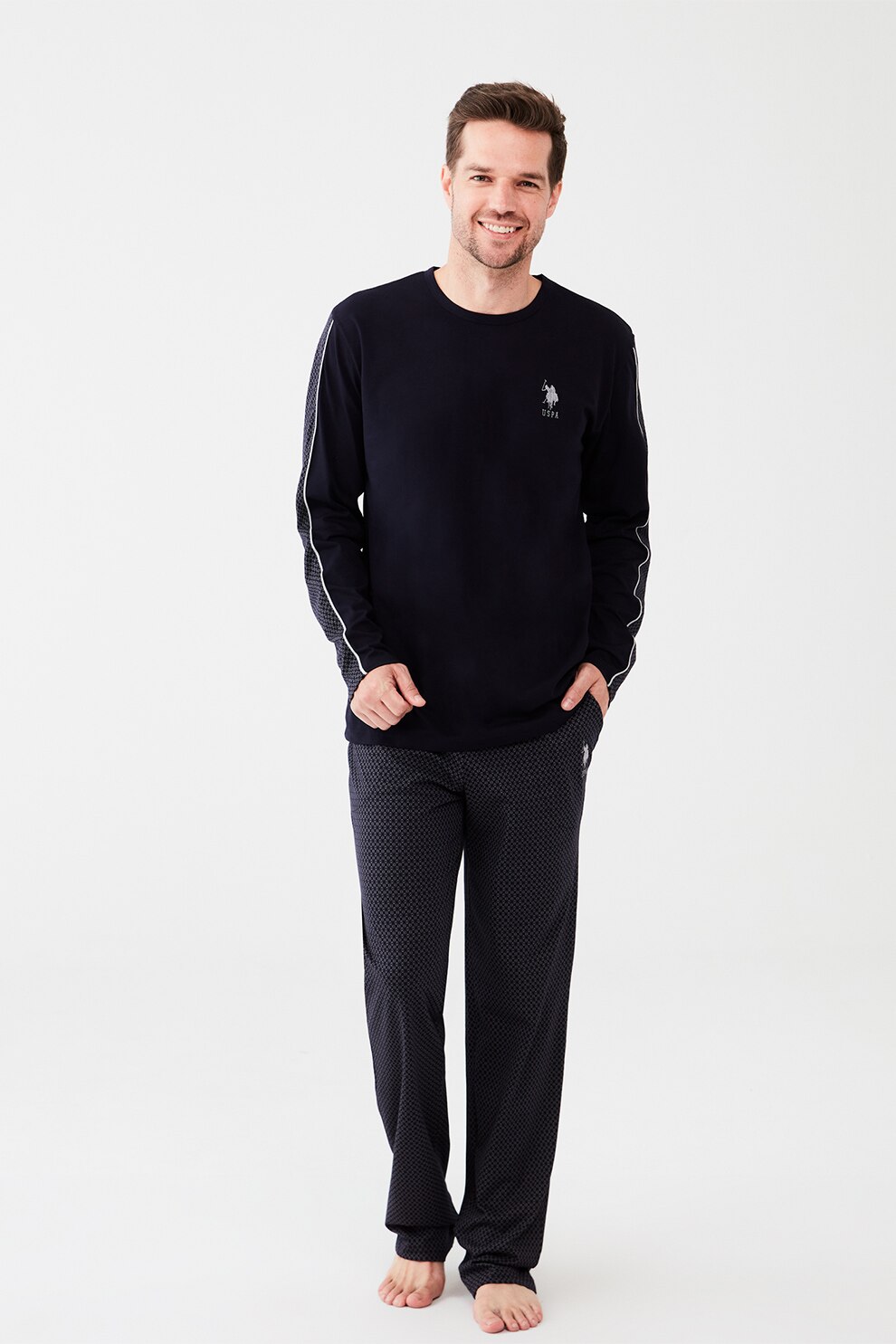 U.S. Polo Assn., Pijama de bumbac cu logo, Bleumarin inchis/Gri