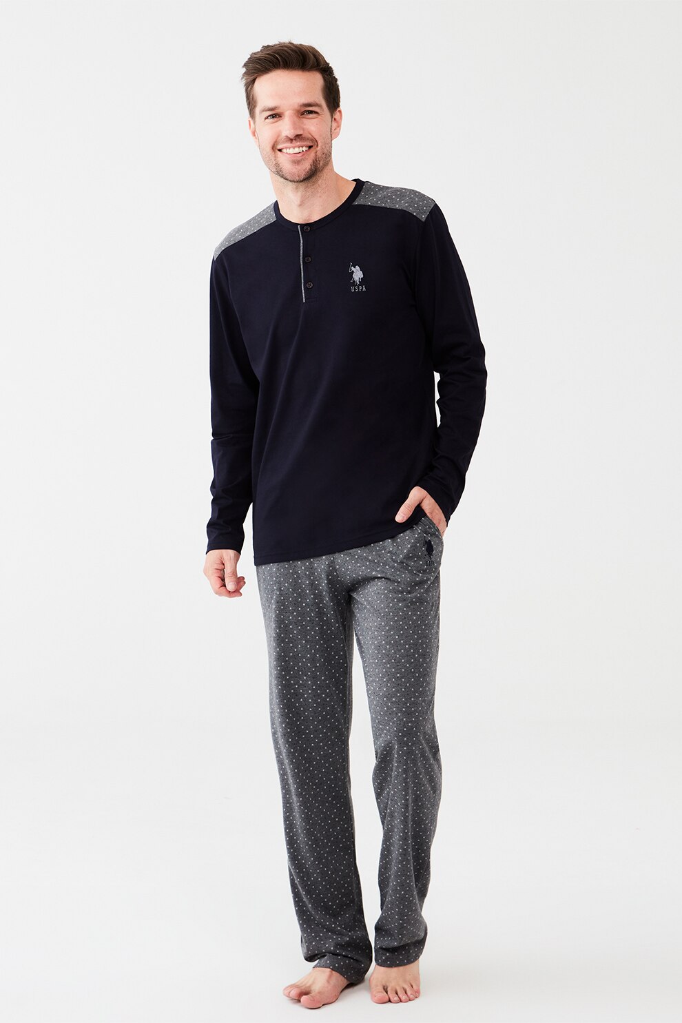 U.S. Polo Assn., Pijama cu imprimeu grafic, gri melange inchis, bleumarin inchis