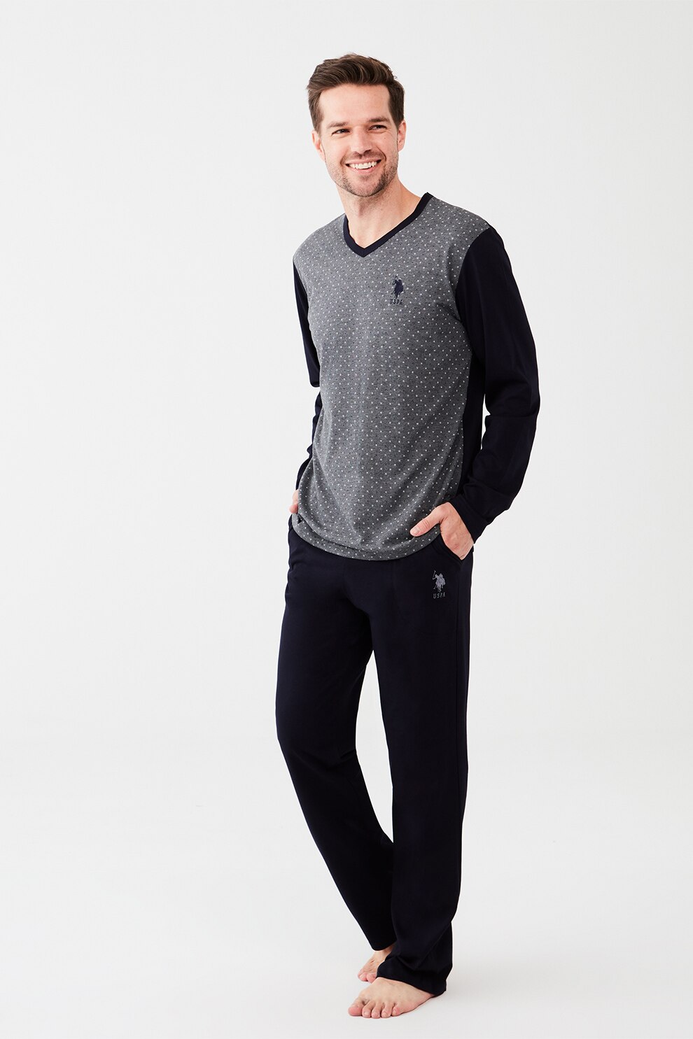 U.S. Polo Assn., Pijama cu imprimeu logo, Gri antracit/Bleumarin inchis