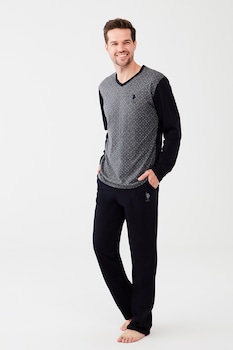 U.S. Polo Assn., Pijama cu imprimeu logo, Gri antracit/Bleumarin inchis U.S. Polo Assn., Pijama cu imprimeu logo, Gri antracit/Bleumarin inchis