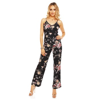 Salopeta lunga cu bretele model cu flori, Negru, S-M Salopeta lunga cu bretele model cu flori, Negru, S-M