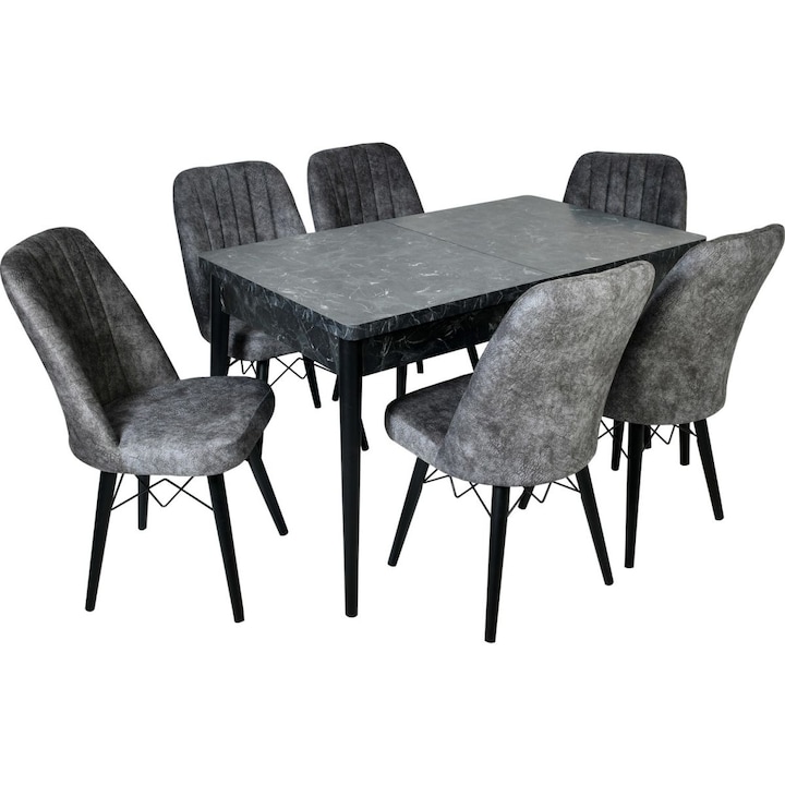 Комплект маса с 6 тапицирани стола Homs, cargold 250-30051, Разтегателна, черно-сив 170 x 80 см