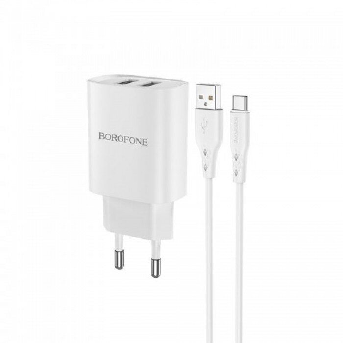 Incarcator priza Borofone BN2 - 2XUSB 2.1A cu Cablu TYP-C, Alb