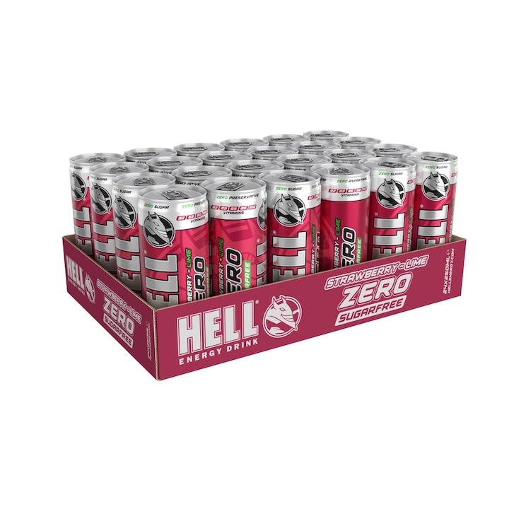 Hell Zero Strawberry szénsavas energiaital édesítőszerekkel, 24 x 250 ml