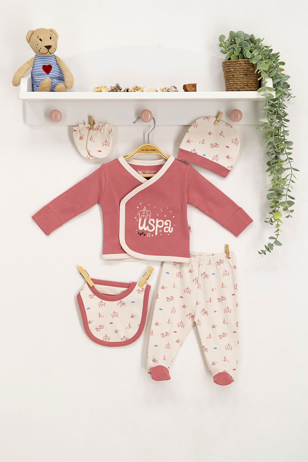 U.S. Polo Assn., Set de imbracaminte pentru nou-nascut - 5 piese, Roz