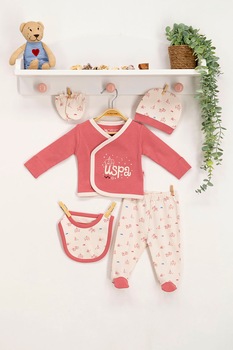 U.S. Polo Assn., Set de imbracaminte pentru nou-nascut - 5 piese, Roz U.S. Polo Assn., Set de imbracaminte pentru nou-nascut - 5 piese, Roz